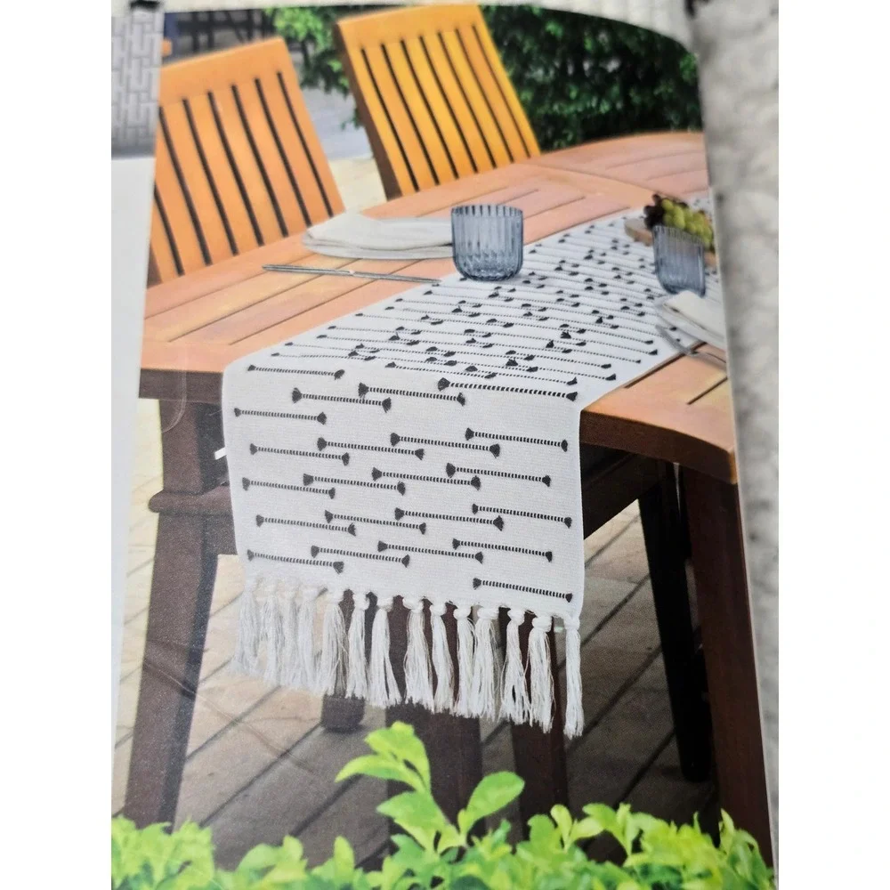 Huntington Home Summer Table Runner White Black Woven Fringe 14x90 Modern 709003